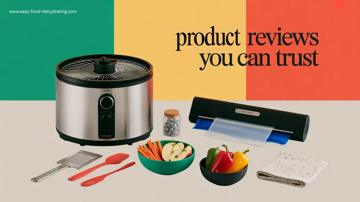 Editorial-style image with dehydrator, vacuum sealer, fresh produce, and artistic text overlay reading “Product Reviews You Can Trust."