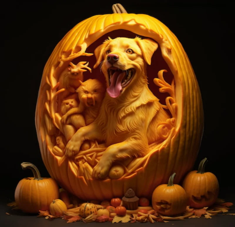 Large carved pumpkin featuring an intricate design of a dog surrounded by animals, with smaller pumpkins and autumn decorations at the base.