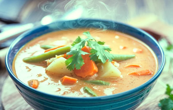Bowl of hearty vegetable soup with carrots, beans, and potatoes