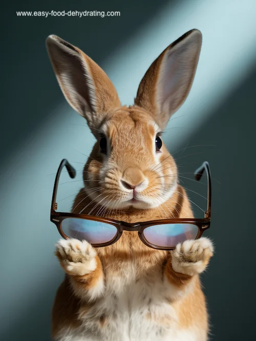 Cute rabbit holding eyeglasses in its paws as a humorous take on the idea that carrots are good for eyesight
