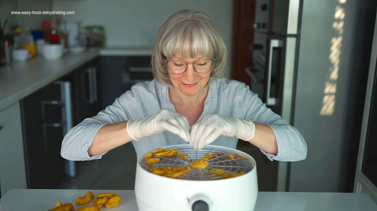 Safeguard Latex Gloves in Kitchen Use Woman wearing latex gloves removing food from a round dehydrator tray in a home kitchen.