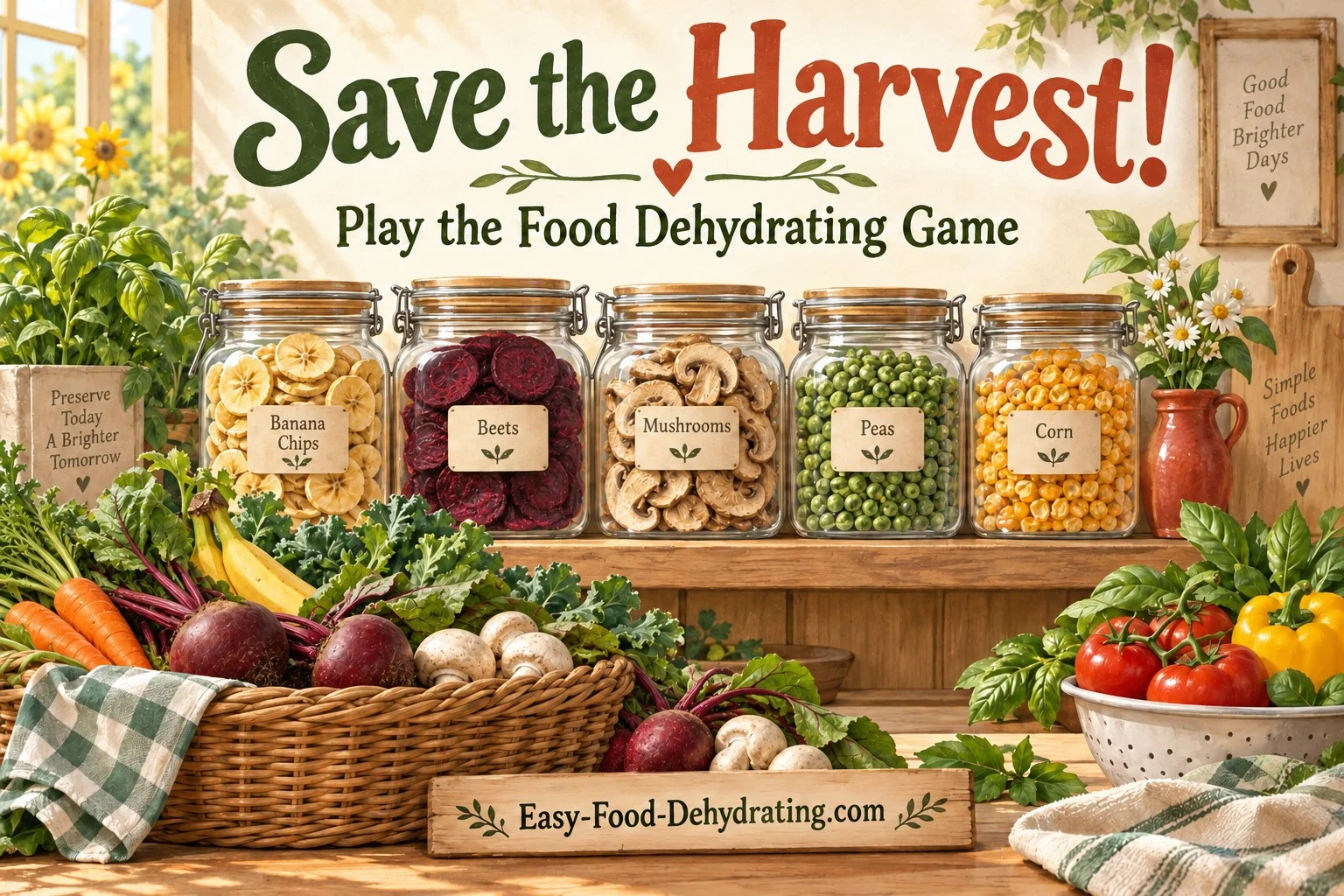 Save the Harvest! Play the Food Dehydrating Game, featuring jars of dried bananas, beets, mushrooms, peas, and corn.
