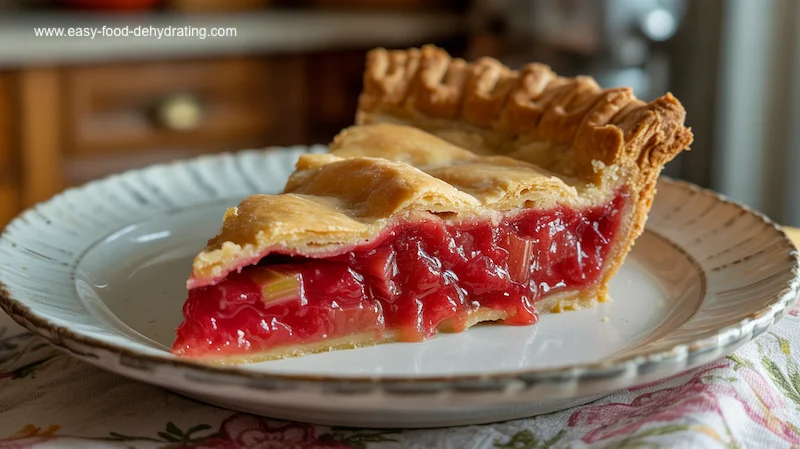 Slice of homemade rhubarb pie with golden flaky crust and glossy red filling on a white plate