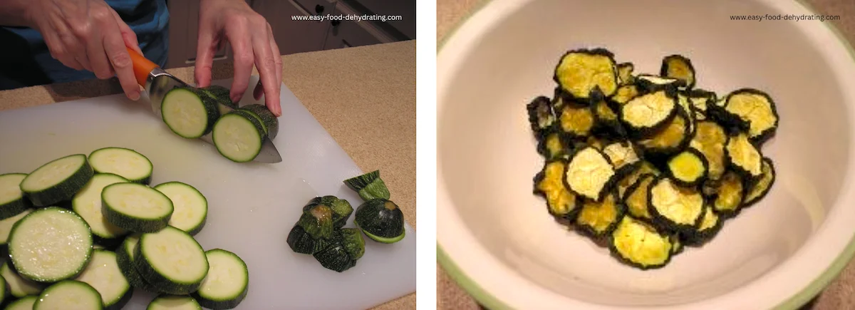 Fresh zucchini being sliced and dried zucchini chips in a bowl Slicing fresh zucchini on a cutting board alongside a bowl of dehydrated zucchini chips