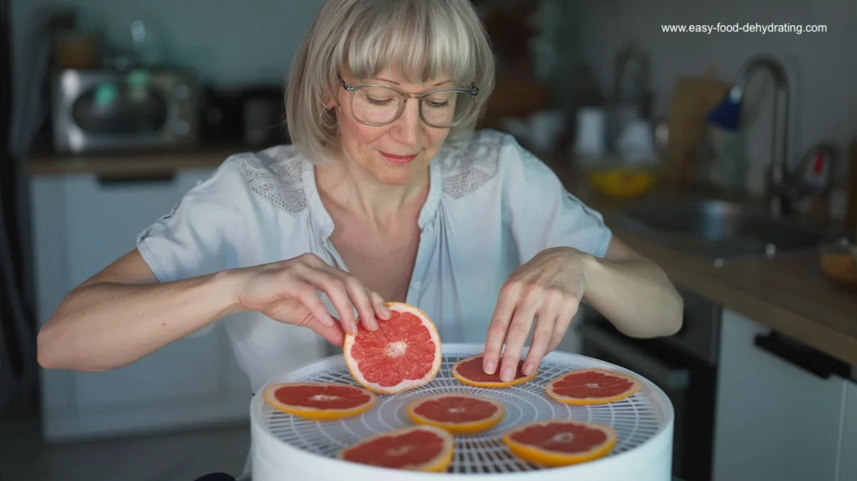How to Dehydrate Pink Grapefruit Slices on a Food Dehydrator Slicing fresh pink grapefruit and arranging slices on a white round plastic dehydrator tray