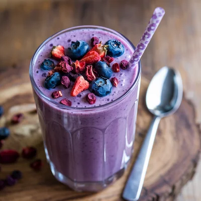 Smoothie with dried blueberries and strawberries