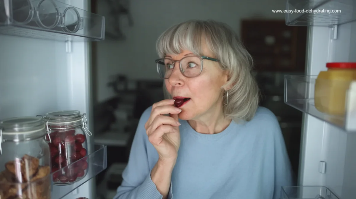 Woman sneaking glacé cherries from a Mason jar with screw-off lid in refrigerator Woman sneaking glacé cherries from a Mason jar with screw-off lid in refrigerator, nostalgic childhood moment