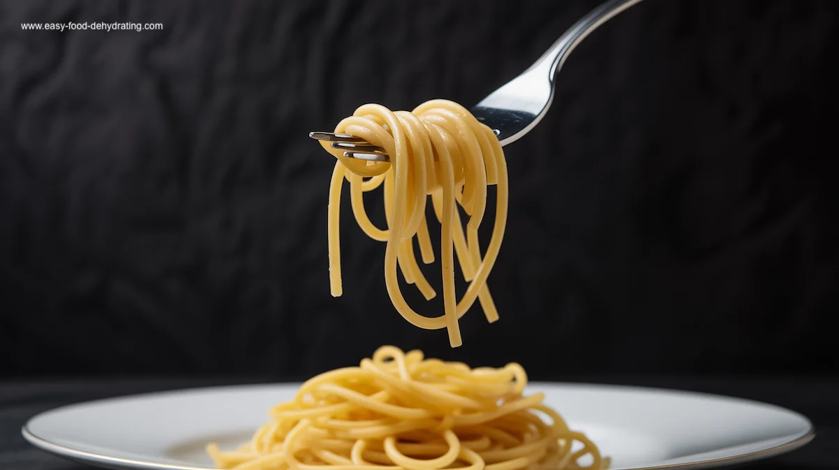 Rehydrated spaghetti twirled on a fork above a plate of pasta Close-up of rehydrated spaghetti twirled on a fork above a plate