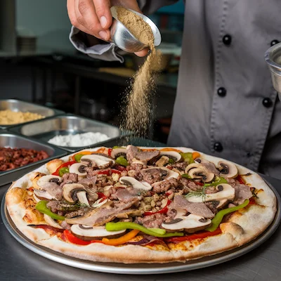 Sprinkling mushroom powder onto pizza