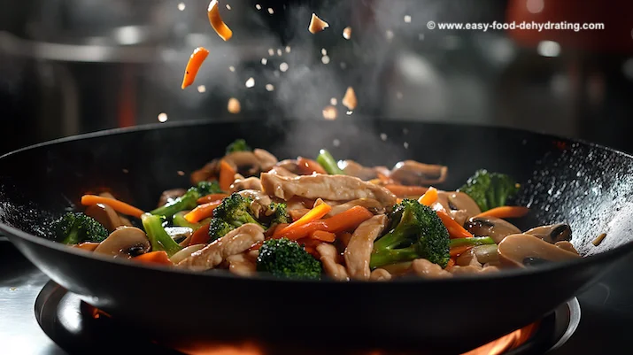 Stir-fry chicken in a wok