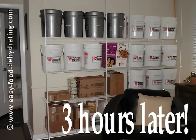 The dehydrated Food Storage Wall is halfway through completion showing buckets, bins, and boxes of dehydrated food The dehydrated Food Storage Wall is halfway through completion showing buckets, bins, and boxes of dehydrated food