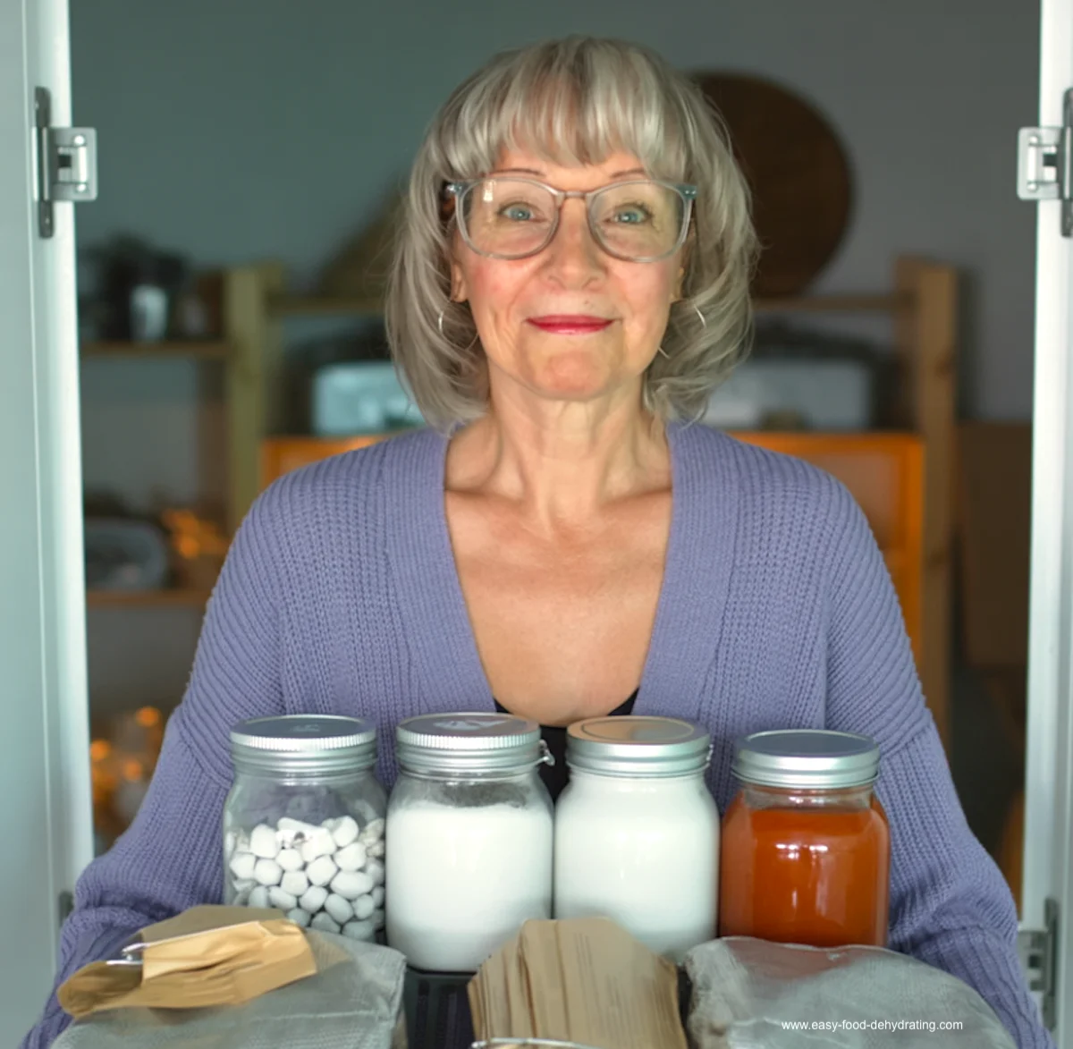 Susan Gast storing dehydrated food in Mylar bags and screw-top vacuum-sealed Mason jars Susan Gast smiling while holding Mylar bags and screw-top Mason jars of dehydrated food for storage.