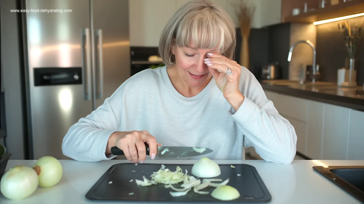 Cutting onions can make you cry—but dehydrating them makes storage easy! Susan Gast chopping onions on a cutting board and wiping her eyes from onion tears before dehydrating them