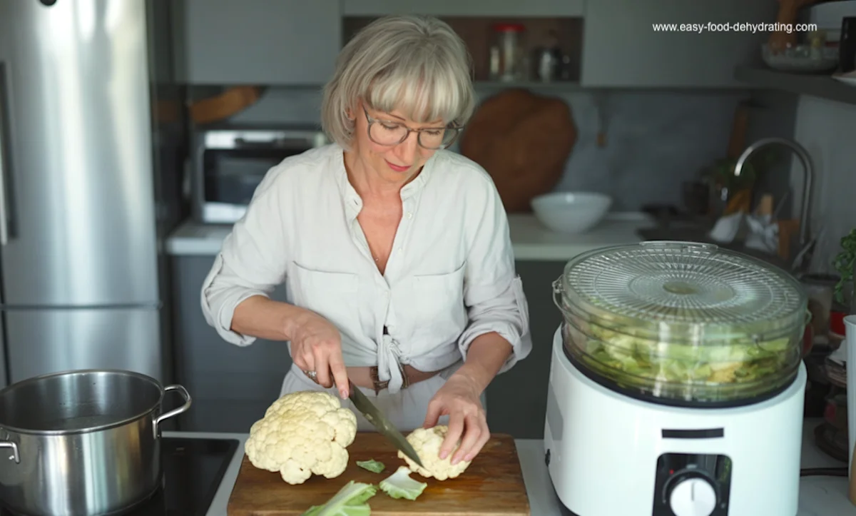 Susan Gast cutting fresh cauliflower in her modern white kitchen, with a pot of water on the stove and a round white dehydrator on the counter.