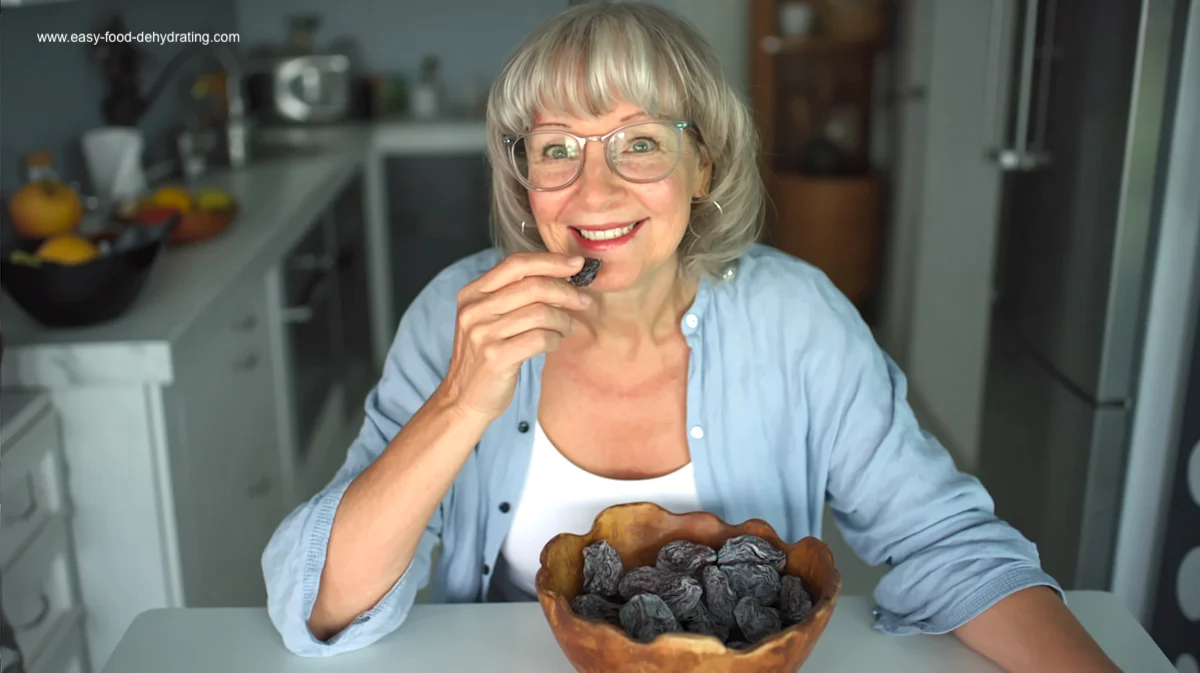 Susan Gast eating dried plums from a wooden bowl Susan Gast enjoying a dried plum from a wooden bowl filled with homemade dehydrated plums