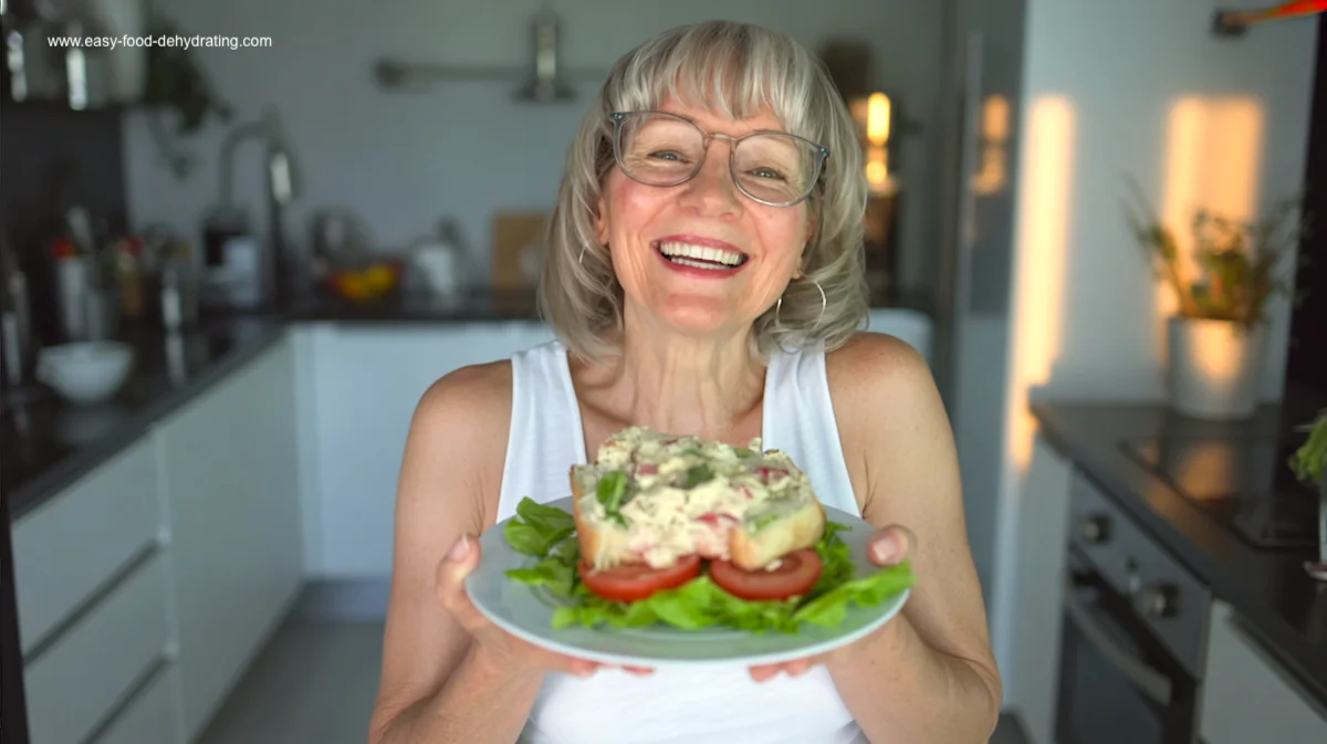 Susan Gast holding a chicken salad sandwich on a plate Smiling woman in glasses holding a plate with a chicken salad sandwich on lettuce and tomato in a bright kitchen