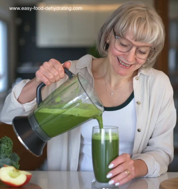 Susan pouring her kale smoothie from the blender into a tall glass