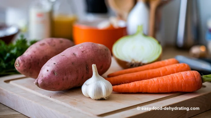 Sweet potatoes, carrots, onion, and garlic on a cutting board Sweet potatoes, carrots, onion, and garlic on a cutting board