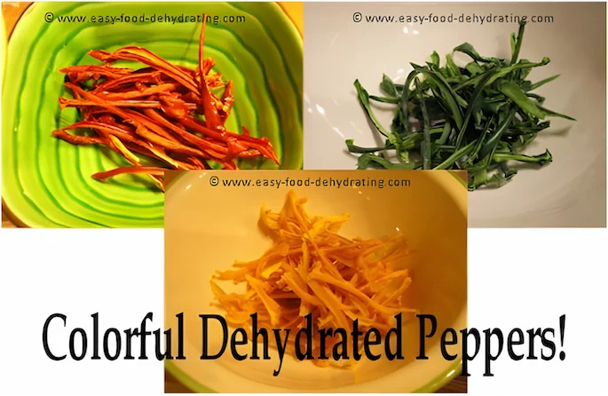 Red, green, and yellow dehydrated peppers in bowls.