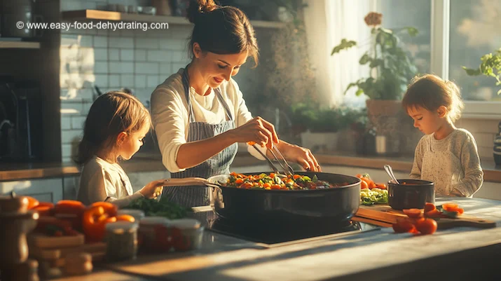 Family making tomato minestrone soup