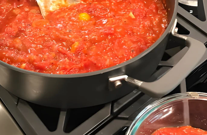 Tomato Sauce simmering in a pan, by Chef John Tomato Sauce simmering in a pan, by Chef John