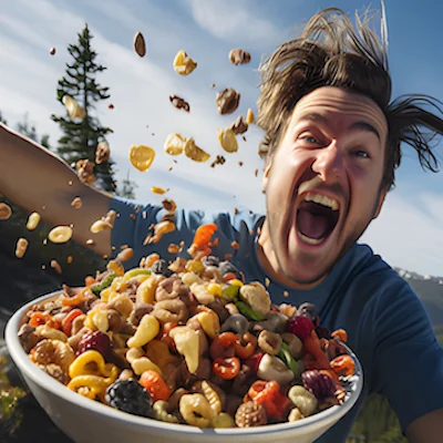 Trail mix blowing out of a bowl