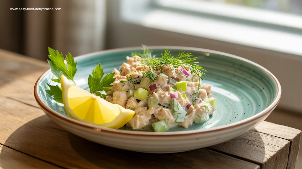 Tuna Salad with Celery, Onion, and Fresh Herbs Fresh tuna salad with celery, red onion, and dill, garnished with parsley and lemon wedge in a teal bowl