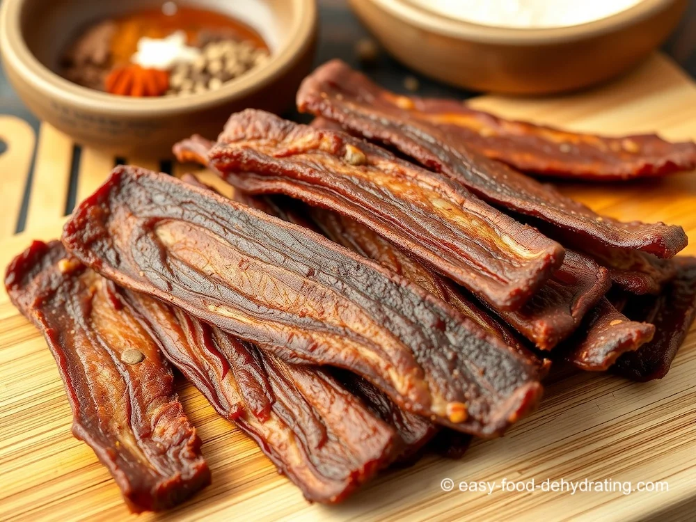 Turkey jerky on a bamboo board