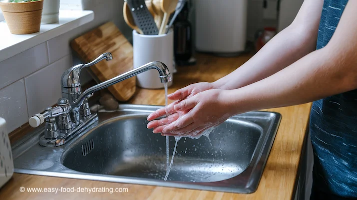 Washing hands in the kitchen prep sink