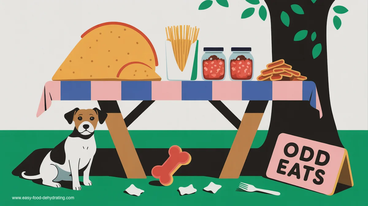 Cartoon picnic table with quirky dehydrated foods including a giant Crunchwrap, spaghetti sticks, jars of kimchi powder, ham chips, and a curious dog beside a sign that reads “Odd Eats."