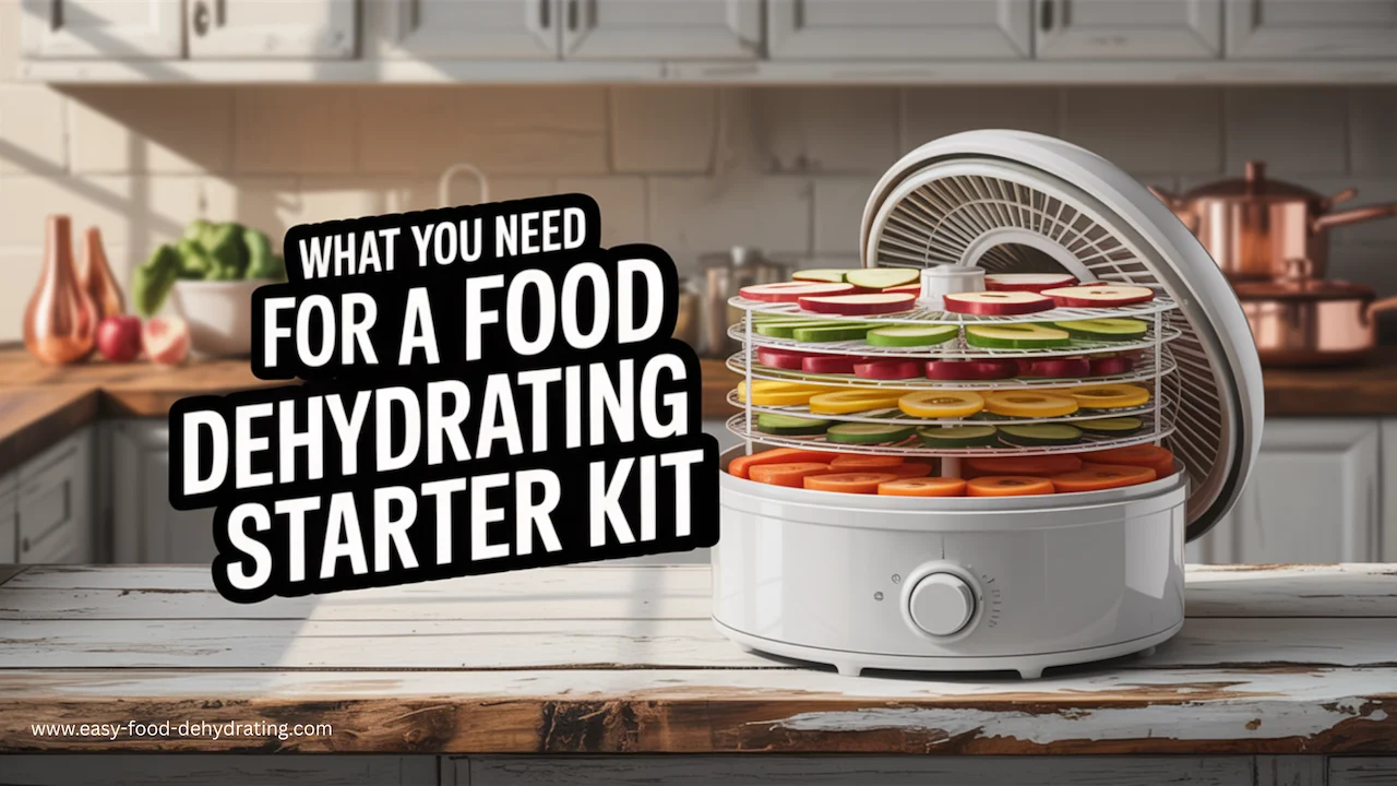 What You Need for a Food Dehydrating Starter Kit – Essentials to Begin What you need for a food dehydrating starter kit with dehydrator trays of colorful sliced fruits and vegetables on a rustic kitchen counter.