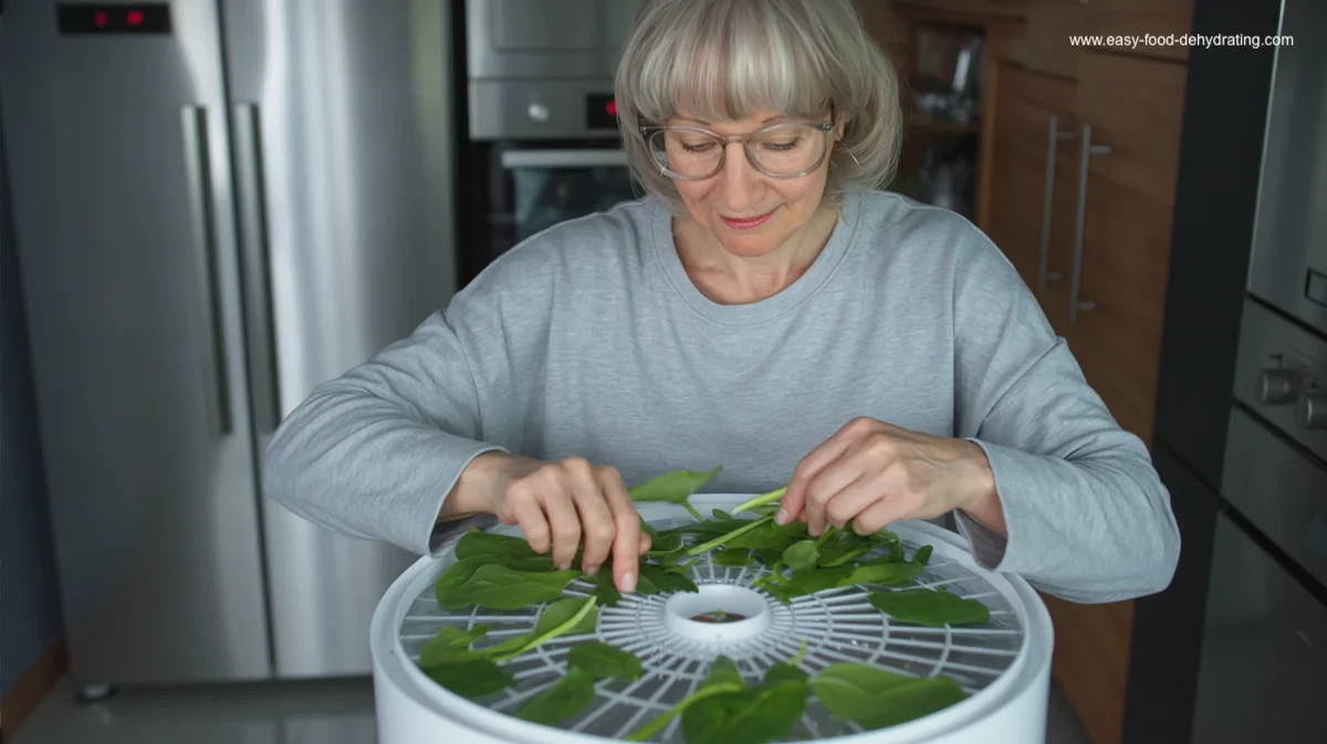 Placing spinach leaves on a dehydrator tray before drying. Woman arranging fresh spinach leaves on a round dehydrator tray in a kitchen.