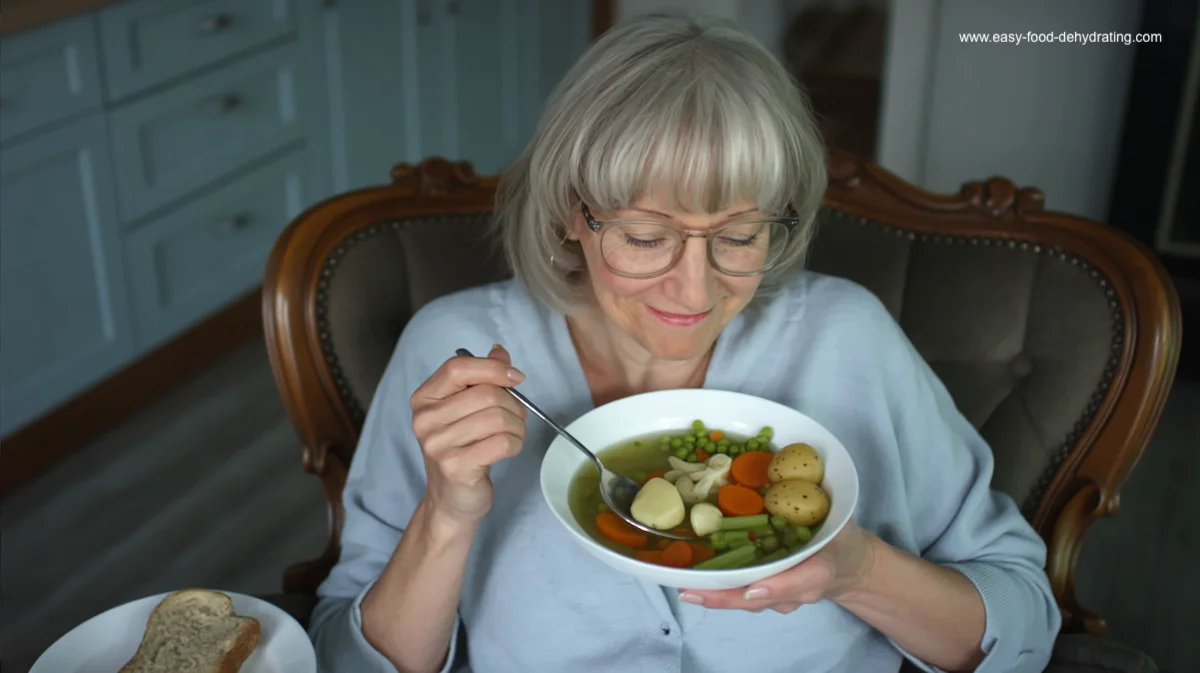 Smiling woman enjoying a hearty bowl of vegetable soup with potatoes, carrots, and peas, sitting in a cozy chair at home. Smiling woman enjoying a hearty bowl of vegetable soup with potatoes, carrots, and peas, sitting in a cozy chair at home.