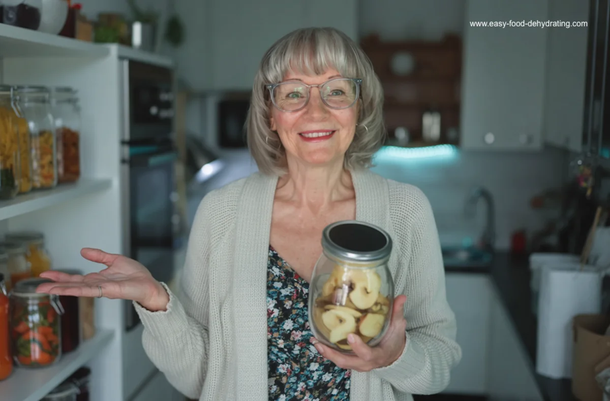 A smiling woman with light hair and glasses stands in a kitchen, holding a mason jar with a screw-top lid filled with dried apple slices. Shelves of dehydrated foods are visible in the background. A smiling woman with light hair and glasses stands in a kitchen, holding a mason jar with a screw-top lid filled with dried apple slices. Shelves of dehydrated foods are visible in the background.