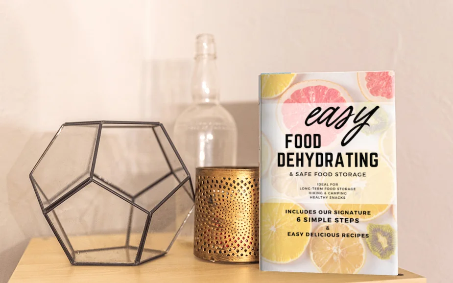 Easy Food Dehydrating paperback on a wooden shelf with decorative objects