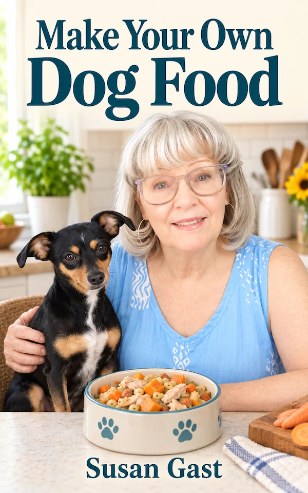 Book cover for “Make Your Own Dog Food” by Susan Gast featuring a Miniature Pinscher and her owner.
