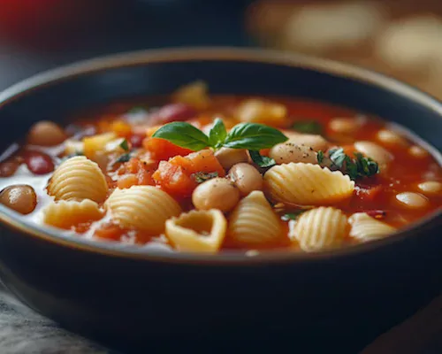 Colorful minestrone soup with pasta shells, beans, and tomato broth.
