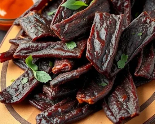 Strips of spicy beef jerky on a wooden board garnished with herbs.